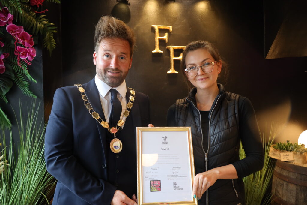 Flowerfair receiving their Armed Forces Covenant certificate by Cllr Ian Preece, Mayor of Great Dawley