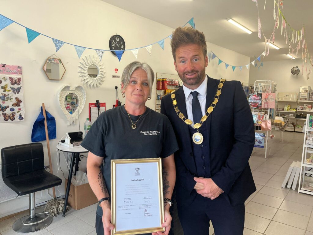 Dawley Supplies receiving their Armed Forces Covenant certificate by Cllr Ian Preece, Mayor of Great Dawley