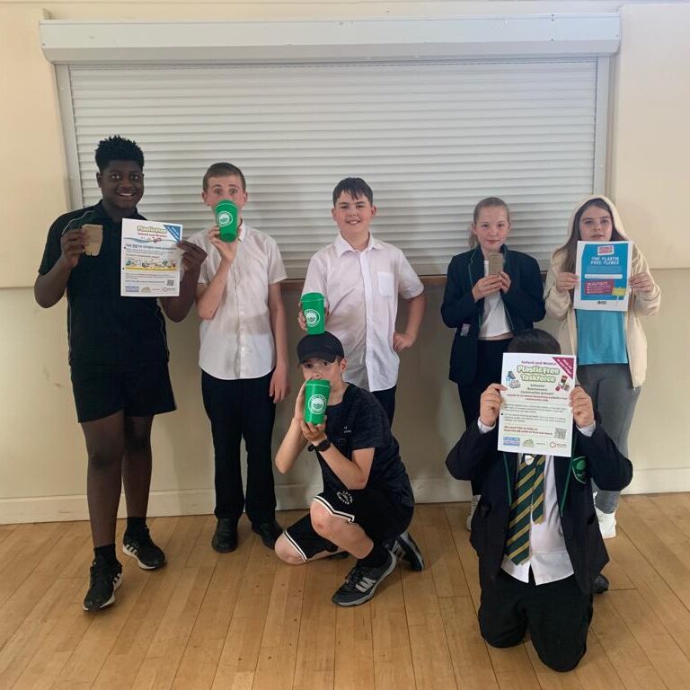 Children from the Great Dawley Youth Club celebrate going plastic free with their new renewable cups.