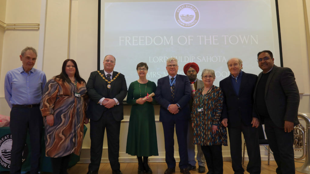 L-R – Borough Councillor for Dawley and Aqueduct Ward, Cllr Andy Burford; Town Councillor for Malinslee Ward, Cllr Corrine Chikandamina; Mayor of Great Dawley, Cllr Ben Carter; Mandie Haywood; High Sheriff of Shropshire, Mr Brian Welti JP; Lord Kuldip Sahota; Town Councillor for Dawley Ward, Cllr Maggie Hunt; Town Councillor for Malinslee Ward, Cllr Barry Barnaby; Chair of Great Dawley Town Council, Cllr Raj Mehta.