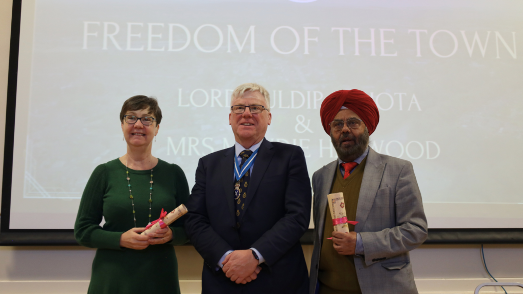 L-R – Mandie Haywood; High Sheriff of Shropshire, Mr Brian Welti JP; Lord Kuldip Sahota.