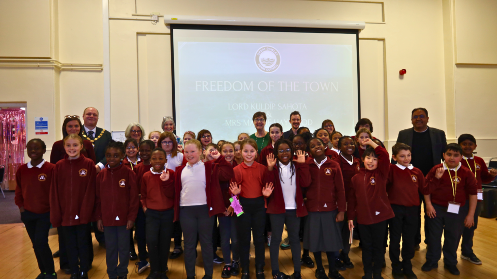 Staff and Children from Old Park Primary School, with the Mayor and Chair of Great Dawley Town Council and former Headteacher, Mandie Haywood.