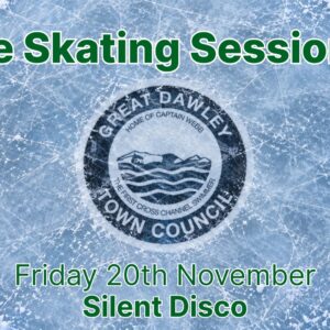 Great Dawley Town Council ice skating sessions on Friday 20th November, featuring a silent disco. Promotional graphic with the council logo beneath a textured ice rink surface.
