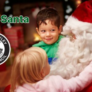 Meet Santa promotional image from Great Dawley Town Council, showing two young children meeting Father Christmas in a festive setting, with the council logo and event title.